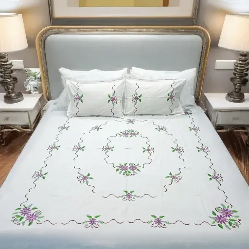 Pure Cotton White Chikankari Double Bed Bedsheet | 102x90 inches | Nazaakat